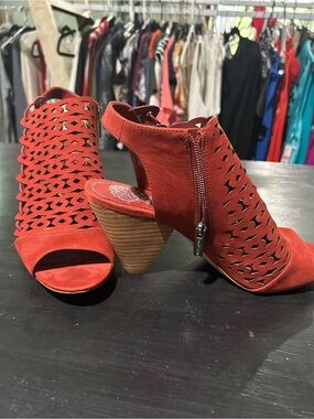 Vince Camuto Red Laser-Cut Peep-Toe Cone Heel Sandals